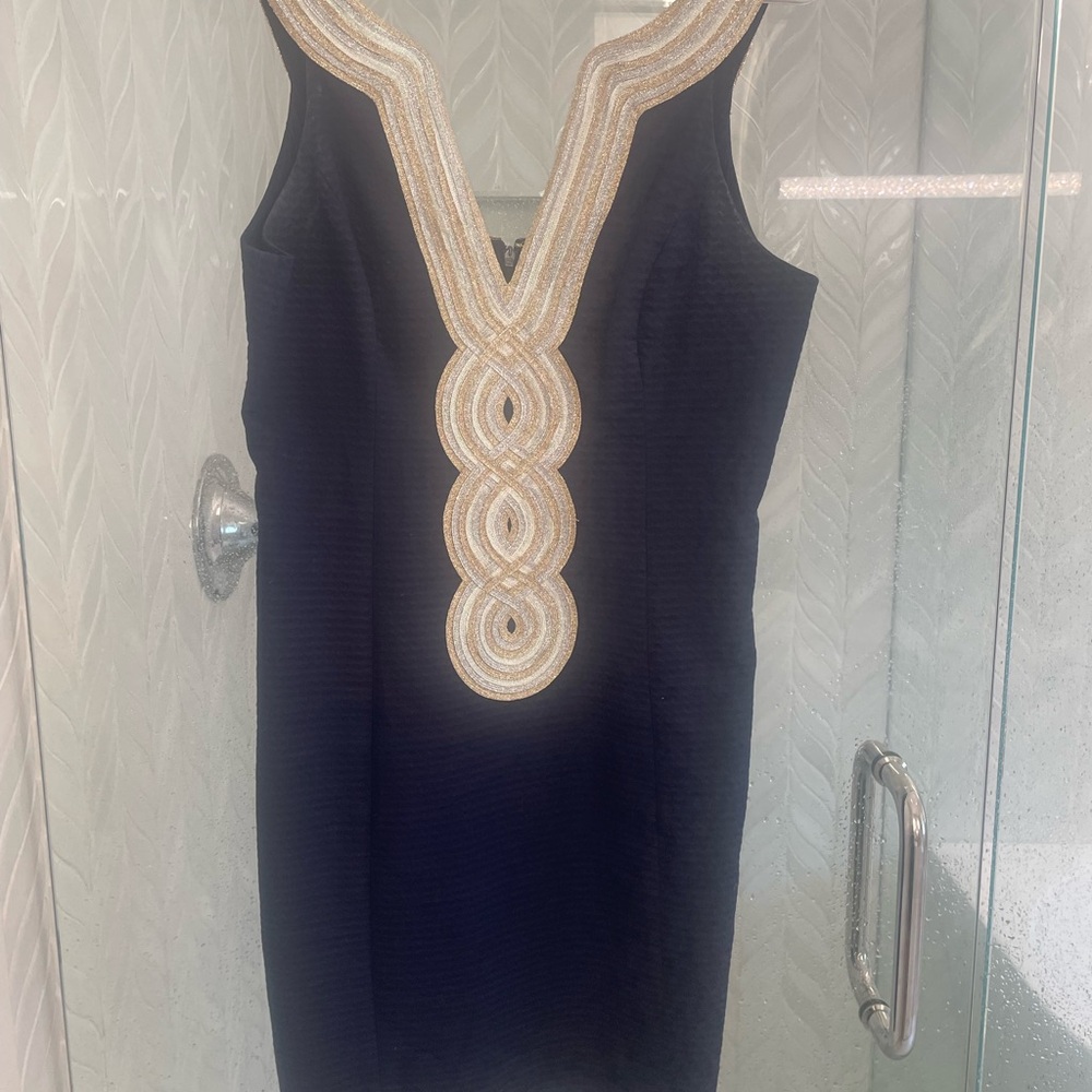 Lilly Pulitzer Navy and Gold Embellished Sheath Mini Dress